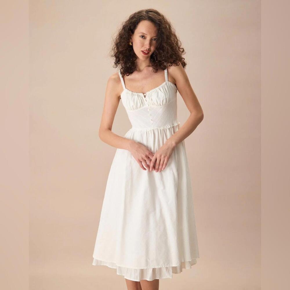 RIHOAS The White Ruched Slip Cotton Midi Dress M